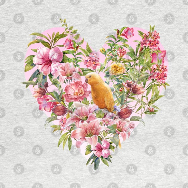 Pink Floral Heart with Yellow Parrot by Biophilia